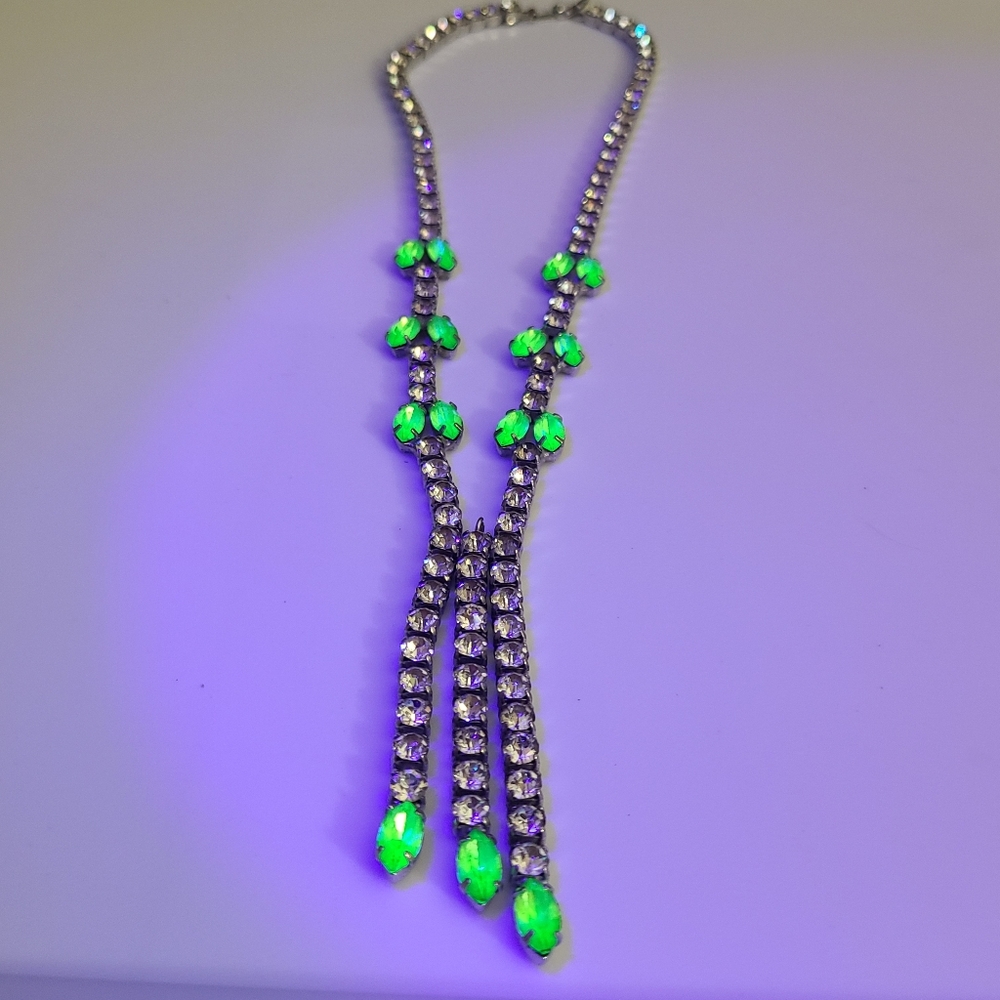 Vintage Joseph Wiesner Uranium Glow Art Deco Necklace Rhinestones Green Estate